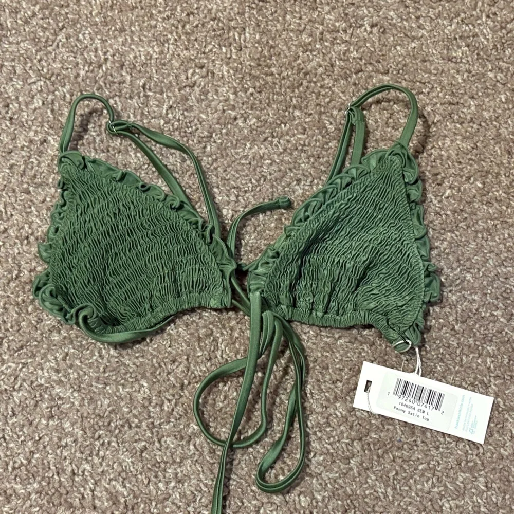 Frankie's Bikinis Olive Green Smocked Triangle Bikini Top